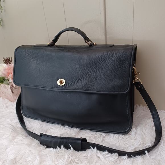 Vintage Slim Black Leather Briefcase Bag With Turn Lock - Picture 1 of 14